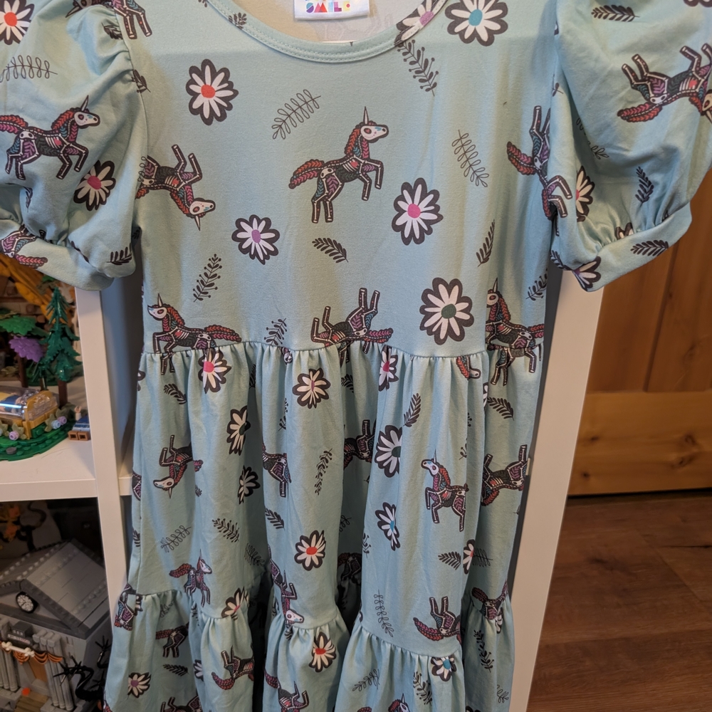 Dot Dot Smile Unicorn and Floral Dress - Light Blue